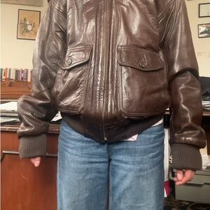 Brown Leather Bomber Jacket with Ribbed Cuffs